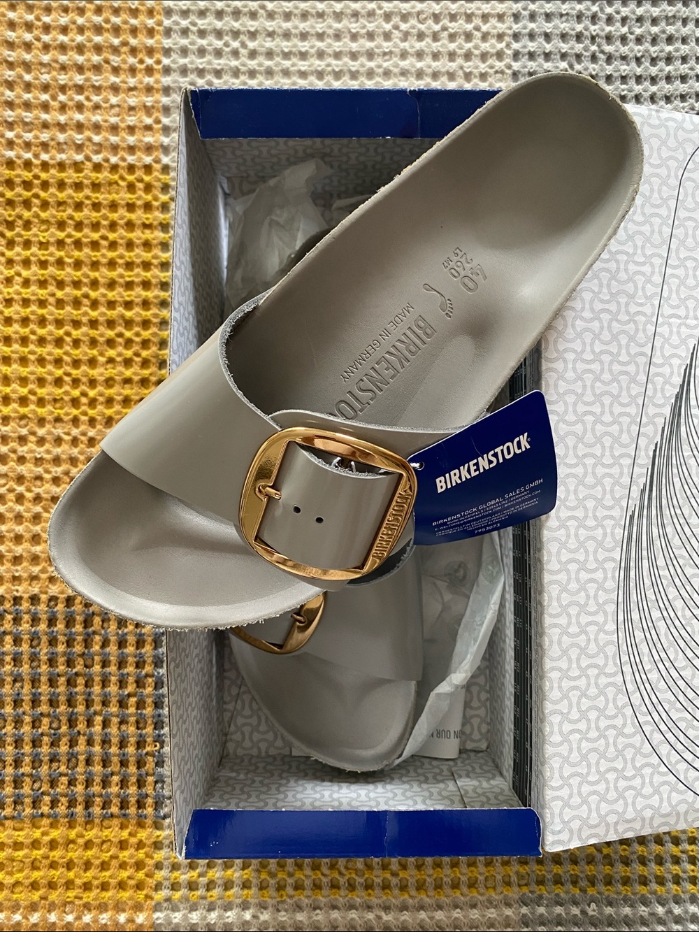 Birkenstock Women's Gray Madrid Big Buckle Slide with Gold Buckle